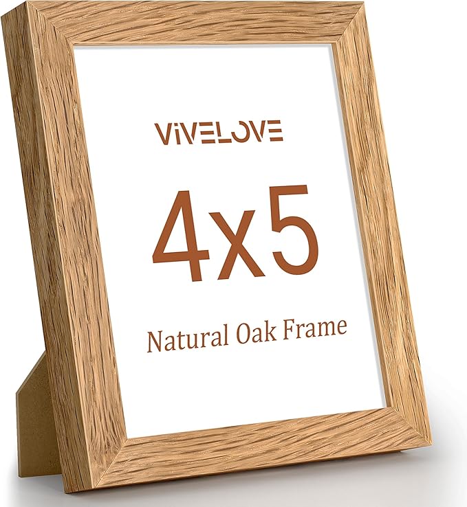 Vivelove 4x5 Picture Frame, High-End Natural Oak 4 x 5 Wooden Frame with Tempered Glass, 4x5 Wood Photo Frame for Wall or Tabletop, Wall Hook Included for Art Photo and Prints, Natural