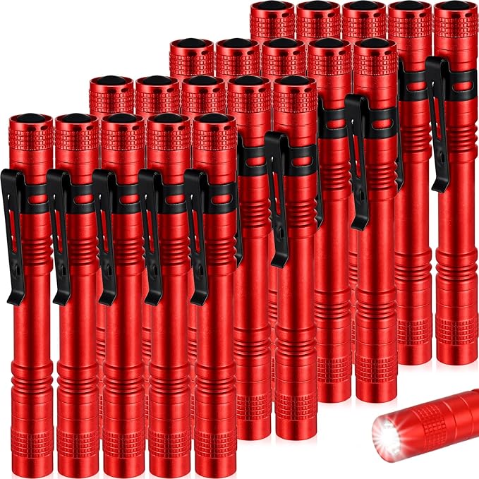 Hortsun 20 Pcs Mini Pen Light Flashlights Christmas Gifts for Men Pocket Flashlights Pen with Clip Small LED Handheld Slim Torches Without Battery(5.12 Inch,Red)