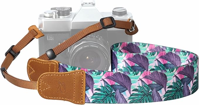 Padwa Lifestyle Camera Strap - 1.5" Soft Nylon Print Crazy Horse Cowhide Head Camera Straps for Photographers and All Cameras,Cute Adjustable Vintage Woven Strap for Adults & Kids(Green Leaf)