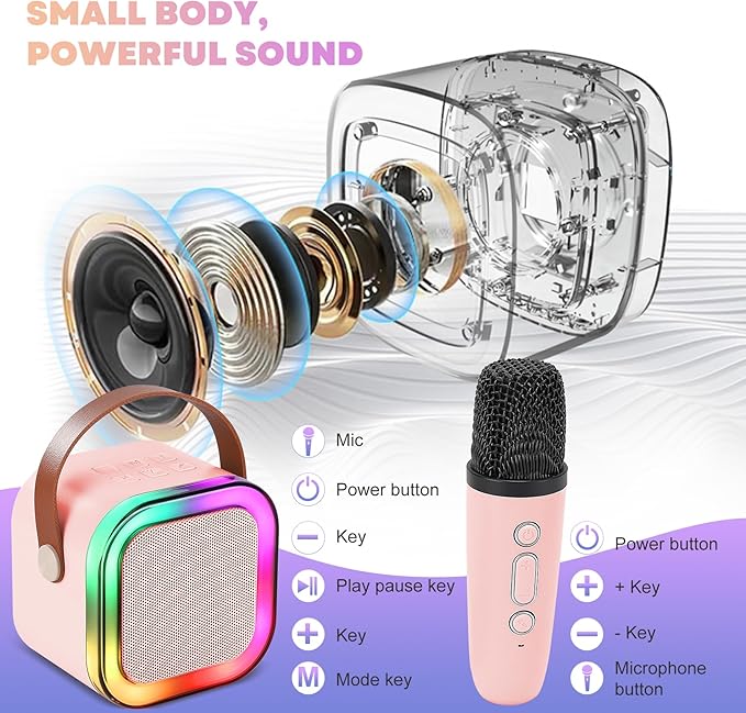 Mini Karaoke Machine, Portable Bluetooth Karaoke Speaker with 2 Wireless Microphones and Light for Family Home Party,Toys for Girls Boys Friends Age 3-12+ Kids and Adults Birthday Gifts.(Pink)