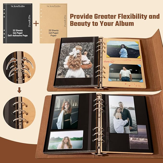 Travel Scrapbook Album Waterproof Photo Album with Writing Space 64 Pages Self Adhesive & 40 Journaling Pages DIY Memory Photo Book Photo Scrapbook Album Kit for Wedding Family Vacation