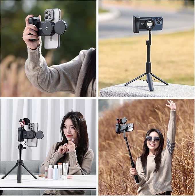 ULANZI Selfie Phone Tripod Mount MA35, 2-in-1 Magnetic & Phone Clip Camera Grip Handle Holder with Detachable Remote Shutter with Cold Shoe Adapter for iPhone 15 16 17 Samsung Video Shooting