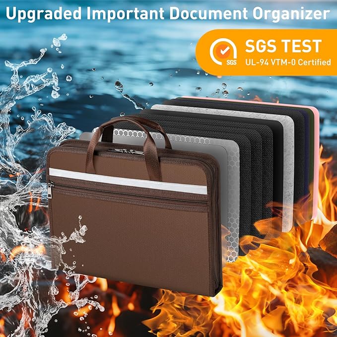 5200℉ Fireproof Document Organizer with 13 Accordion Expanding File Folder, Aluminum Foil Zipper Binder with 30 A4/Letter Sheet Protector, Binder for School Office Home Storage (Brown)