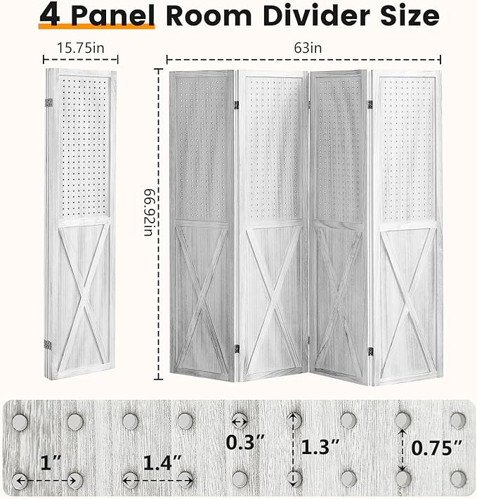 4 Panel Pegboard Wood Room Divider, 5.6Ft Pegboard Display Folding Privacy Screens, Peg Board Display Freestanding for Trade Show Craft Show Home Wall Organizer, Retro White