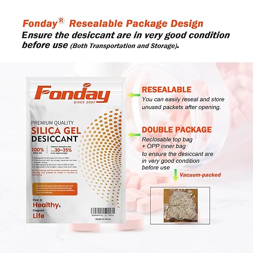 10g x 10 packs Fonday Rechargeable Silica Gel Desiccant Packets Fast Reactivate Desiccant Bags Moisture Indicating Orange to Green