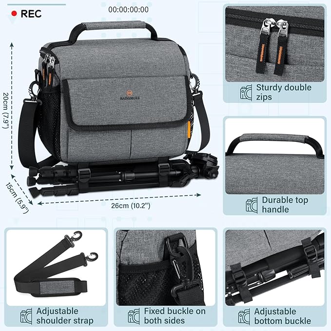 RAINSMORE Camera Bag for DSLR SLR Mirrorless Camera,Small Camera Sling Bag for Photographers Waterproof Camera Case with Tripod Holder Compact Camera Bag Crossbody with Rain Cover，Grey