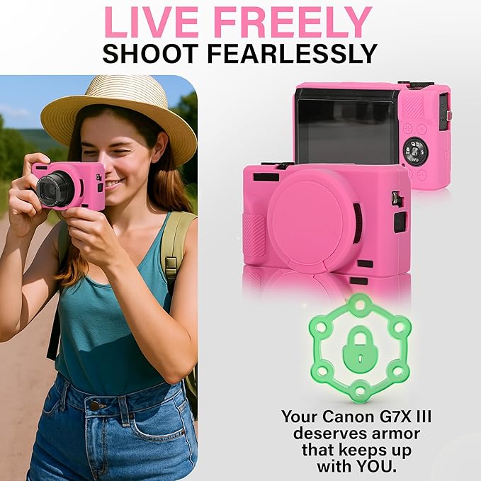 STSEETOP Camera Case for Canon PowerShot G7X Mark III - Protective Silicone DSLR Skin with Lens Cover, Detachable Cage, Shockproof, Dustproof (Rose)