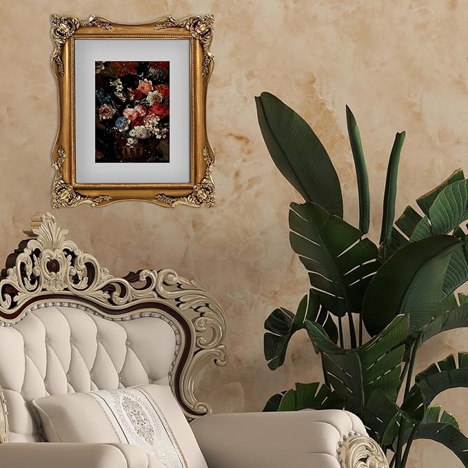 8x10 Gold Vintage Picture Frame, Ornate Baroque Gothic Victorian Frames with Mat for 5x7 or 8 x 10 Photos, Tabletop or Wall Display, Antique Home Decor Accent