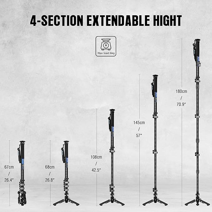 Leofoto Travel Camera Monopod with Ball Head Tripod Feet, Lightweight Carbon Fiber Monopod for DSLR Camera, Quick Release, Weight 2.7lbs, Max Load 13lbs