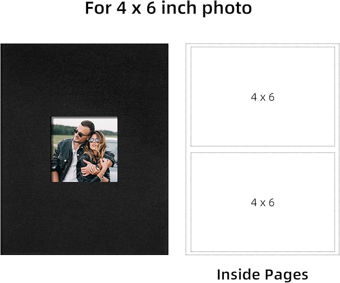 Remowith Cloth Cover Photo Album 4x6 with DIY Square Window Slip in Photo Book for Travel, Wedding, Anniversary 200 Pockets Black