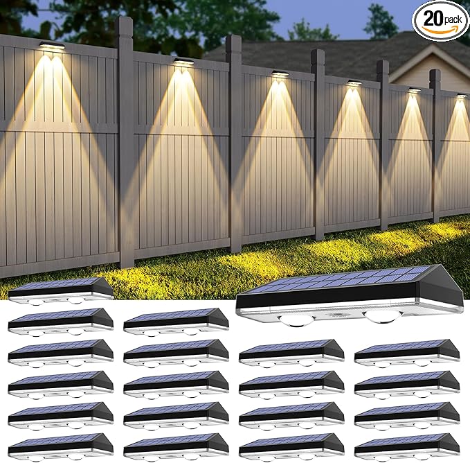Solar Fence Lights,RGB & Warm White & 6 Colors Lens LED Dusk to Dawn Deck Light Outdoor Waterproof, Solar Outdoor Lights for Backyard/Railing/Wall/Step/Patio/Pool -Set of 20