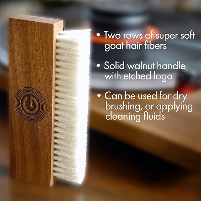 GrooveWasher's The Goat Record Cleaning Brush | Anti-Static Natural Goat Hair Brush & Walnut Handle | Use Wet to Apply Record Cleaner Fluid, Dry to Remove Dust | Pair with Record Cleaning Kits