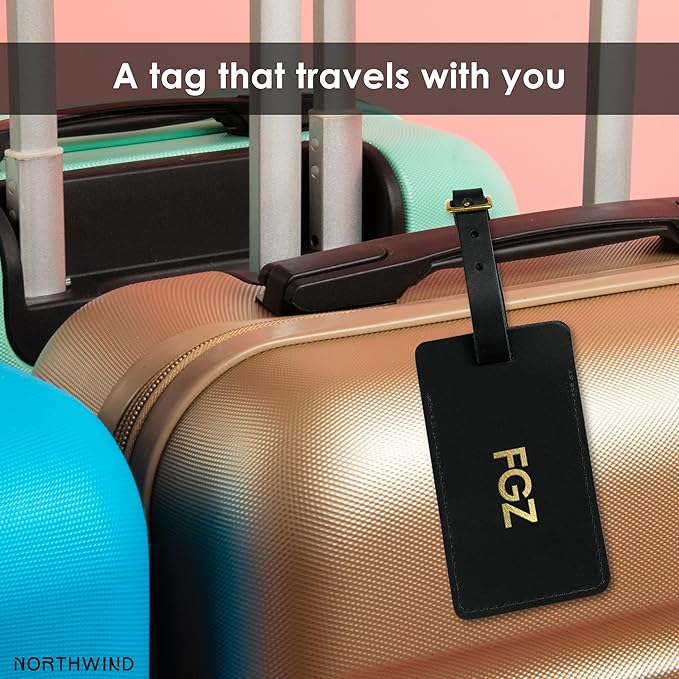 Northwind Personalized Leather Luggage Tag – Made in USA - Custom Monogrammed Travel Bag Tag, Handmade Premium Leather with Secure Strap, Durable Travel Accessory Gift for Men Women Travelers