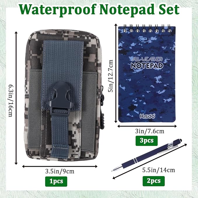 6 Pcs Waterproof Notebook Set, Write in The Rain Notebook, All Weather Notebook, Police Notepad, Field Notes Notebooks, 3 × 5" Pocket Notebook with Pen and Cover for Outdoor Activities Recording (Camouflage blue)
