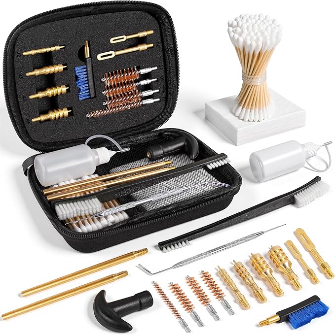 GLORYFIRE Gun Cleaning Kit Fits .22 .357/9mm .38 .40 .45 Cal Universal Handguns & Pistols Compact Carrying Case for Portability Multiple Styles with Brass or Plastic Jags & Tips for Shooting and Range