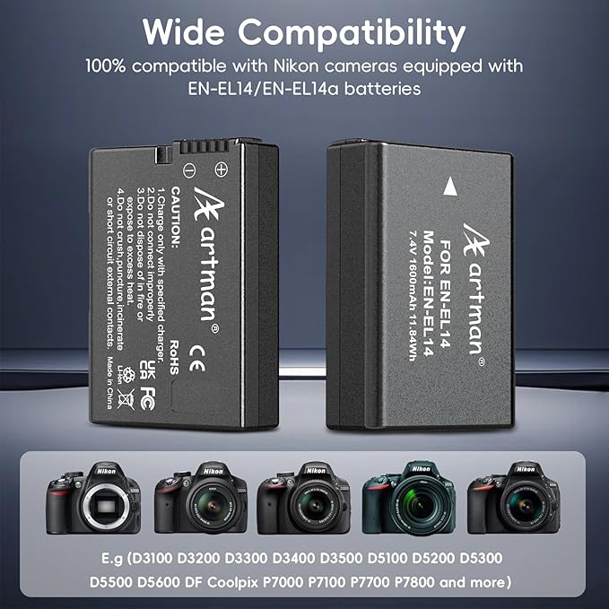 Artman EN-EL14 EN-EL14a Battery 1600mAh (2-Pack) and 2-Slot Charger with LCD Display for Nikon D3100 D3200 D3300 D3400 D3500 D5100 D5200 D5300 D5500 D5600 DF Coolpix P7000 P7100 P7700 P7800 Cameras