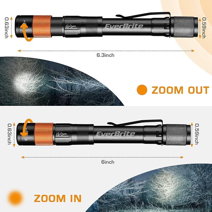 EverBrite Rechargeable Pen Light, 300 Lumens EDC Flashlight, Zoomable LED Pocket Flashlight with Clip, Memory Function and USB C Cable Included, for Camping, Emergency, Charcoal Black