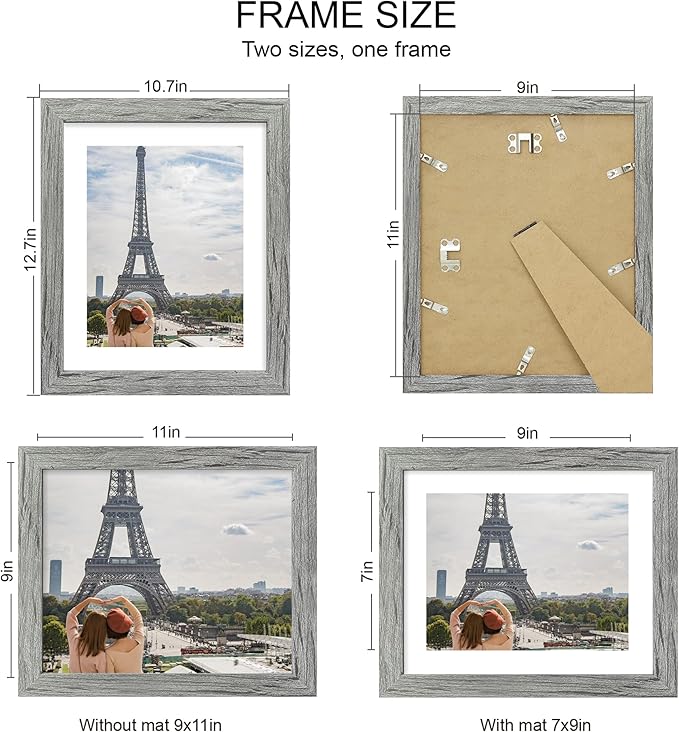 9x11 Picture Frame Set of 4, Made of Real Glass and Grey Frame - Display Picture 7x9 with Mat or 9x11 Without Mat, 9 by 11 Photo for Wall or Tabletop