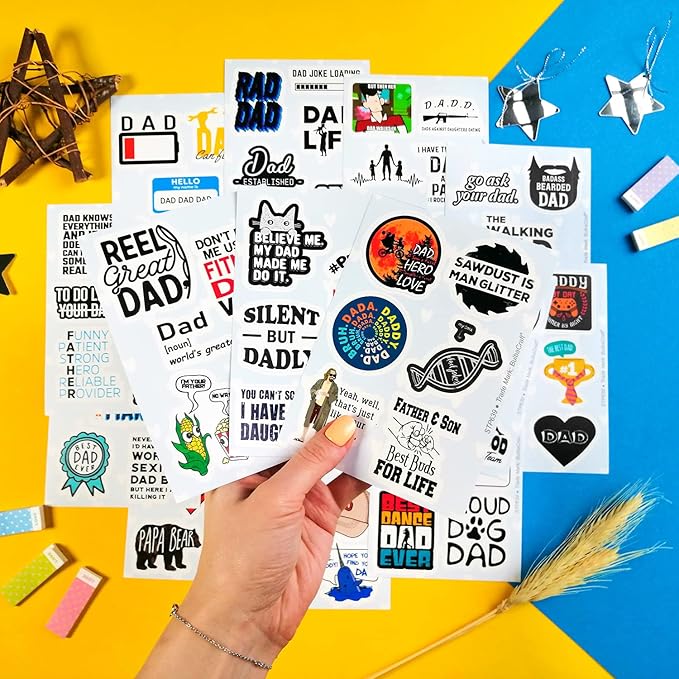 BulbaCraft 100Pcs Funny Dad Stickers for Fathers Day - Funny Gifts for Dad from Daughter or Son, Happy Birthday Daddy Laptop Decals, Gifts for Women & Men