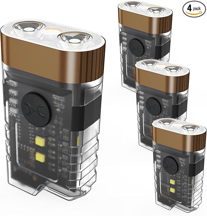 Rechargeable EDC Clip Flashlight, 10 Lighting Modes 2 Illumination Angles, USB C Charging Mini Flashlight Magnetic for Home, Christmas Gift, Walk, Emergency, Night Working, 4 Pack, Brown
