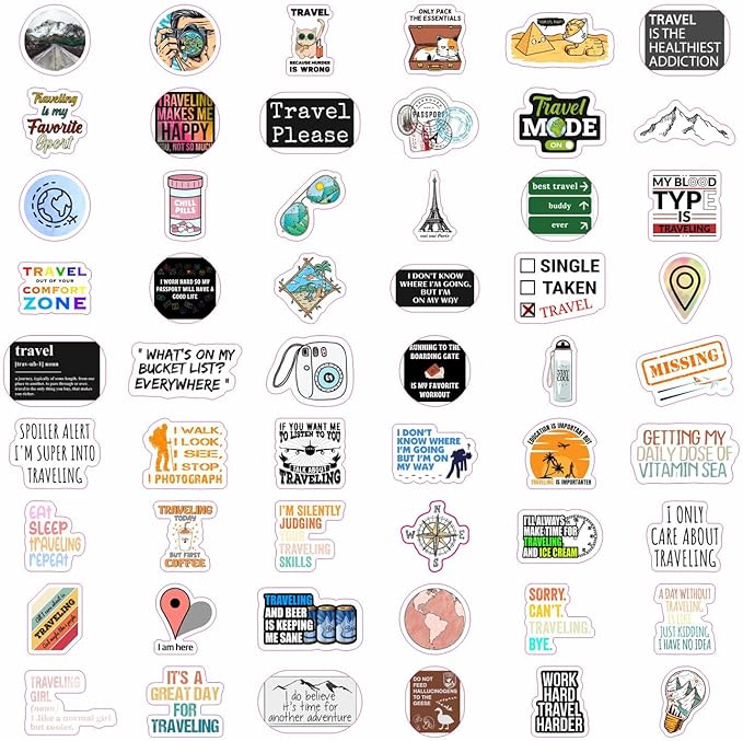 BulbaCraft 100Pcs Funny Travel Stickers, Scrapbook Stickers Travel, Travelers Notebook Accessories, Funny Travel Laptop Decals, Gifts for Women & Men