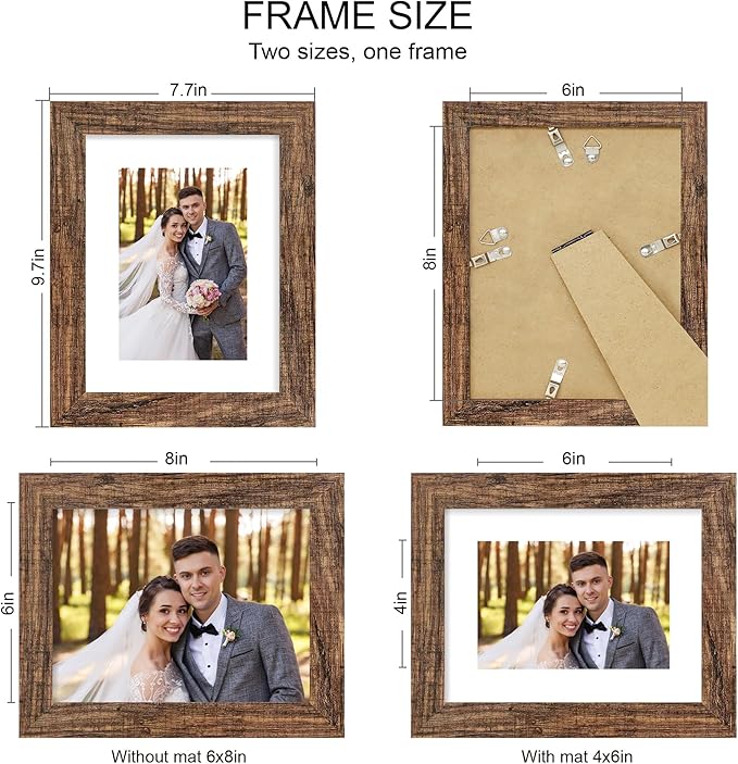 6x8 Picture Frame Set of 4, Made of Real Glass and Rustic Brown Frame - Display Picture 4x6 with Mat or 6x8 Without Mat, 6 by 8 Photo for Wall or Tabletop