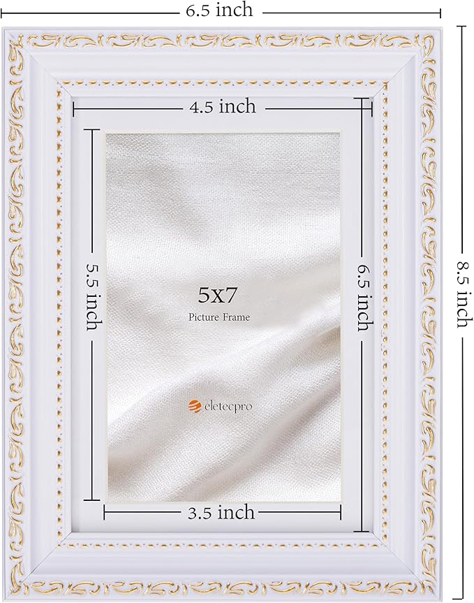 eletecpro 5x7 Picture Frames Set of 4, White Frames with Glass Cover, Vintage 5 x 7 Photo Frame Displays 4x6 Photo with Mat or 5x7 without Mat for Tabletop or Wall Decor, White