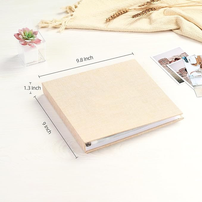 Mublalbum 8x8 Inch Small 3 Ring DIY Scrapbook Photo Album with 20 Plastic Sleeves 40 Pages Linen Cover Folder Binder for Baby Travel Wedding Anniversary and DIY Projects (Beige)