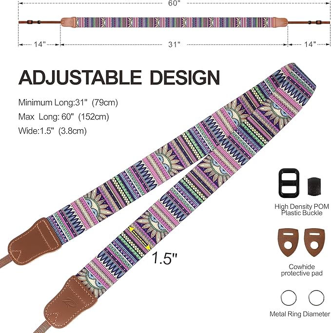 Padwa Lifestyle Camera Strap - 1.5" Soft Nylon Print Crazy Horse Cowhide Head Camera Straps for Photographers and All Cameras,Cute Adjustable Vintage Woven Strap for Adults & Kids(Bohemian Rhythm)