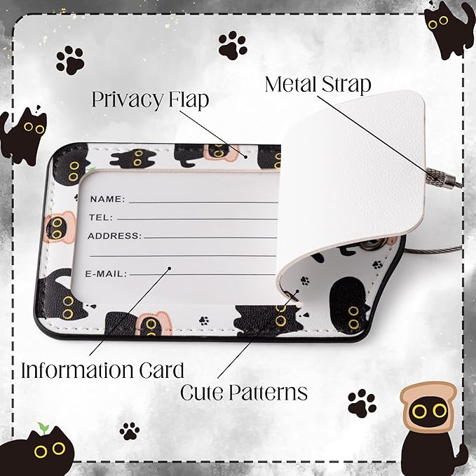 Laffact Black Cat Luggage Tag - 2 Sets Funny Kawaii Cartoon Black Kitten Cute Double Fabric PU Leather Luggage Tag Information Card Steel Loop for Women Men Suitcases Handbags Backpacks Cat Lovers