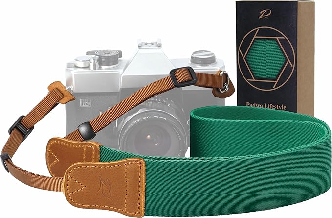 Padwa Lifestyle Green Camera Strap - Double Layer Crazy Horse Cowhide End,1.5" Wide Pure Cotton Woven Camera Straps,Adjustable Neck Shoulder Strap for All DSLR Cameras,Gift for Photographers
