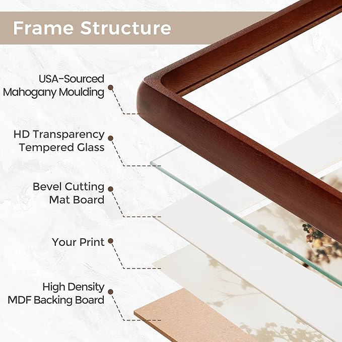 11x14 Picture Frame, USA-Sourced Natural Mahogany Wood Photo Frame with Tempered Glass, Handcrafted Rounded Corner 11 x 14 Wooden Frame Matted to 8x10 Photos, Hanging Hooks Included