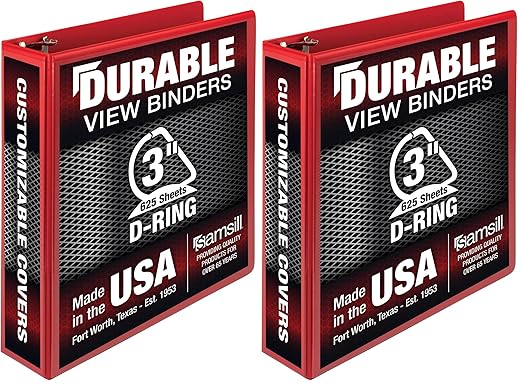 Samsill Durable 3 Inch Binder, Made in The USA, D Ring Binder, Customizable Clear View Cover, Red, Holds 625 Pages (Pack of 2)