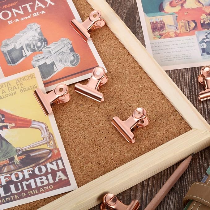YUCHIYA 20 Pack Bulldog Clips with Push-pins for Corkboard,Metal Clips for Crafts, Metal Binder Clips for Pictures, Spring Paper Clamps for Office Documents (Rose Gold,1.2inch)