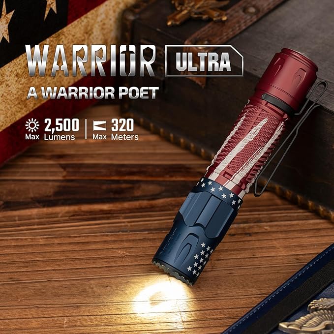 OLIGHT Warrior Ultra 2500 Lumens Tactical Flashlight, Compact Dual Switches Rechargeable Bright Light with Proximity Sensor, Suitable for Emergency, Outdoor, Searching (Stars & Stripes Edition)
