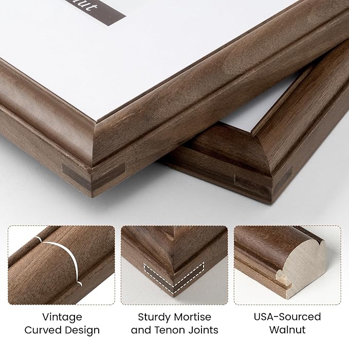 11x14 Picture Frame, USA-Sourced Walnut Wood with Tempered Glass, Display 8x10 with Mat or 11x14 Without Mat, 11 by 14 Photo Frame for Vertical & Horizontal Display, Handcrafted Wood Frame, 3 Pack
