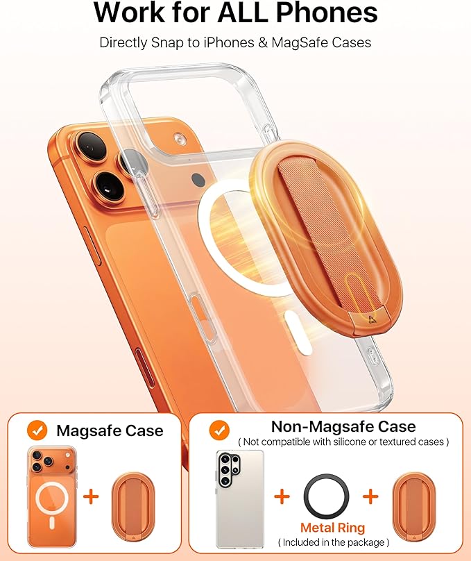 andobil [2026 All-New] Magnetic Phone Grip for Magsafe with Finger Strap [Comfortable & Durable] Magnetic Phone Ring Holder for MagSafe Accessories & iPhone 17 Air 16 Pro Max Plus 15 14 13 12, Orange