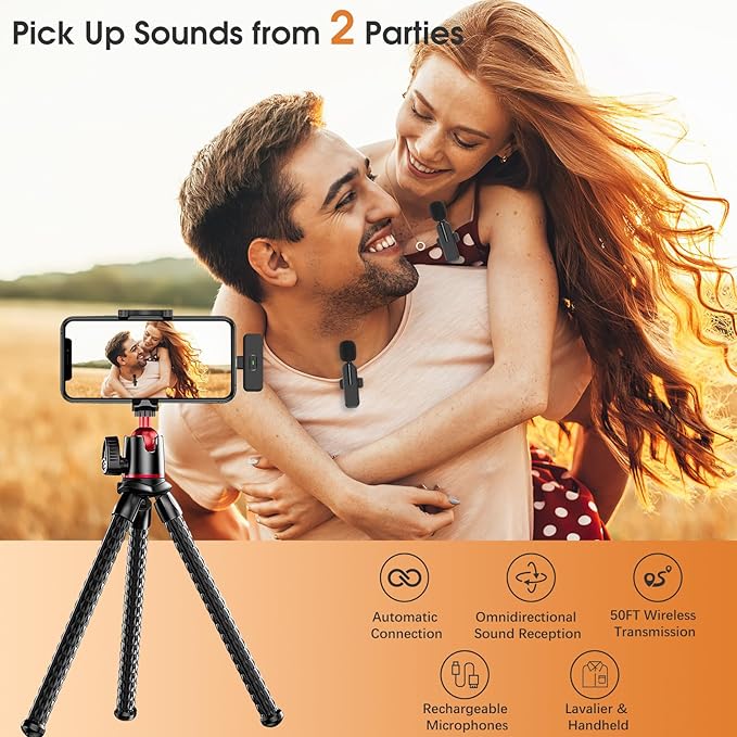 MAYBESTA Wireless Lavalier Microphone for iPhone, iPad, Android - Bluetooth Lapel Phone Mic for Video Recording - Mini Clip on Microphones for YouTube Podcast Interview(Black 2 in 1)