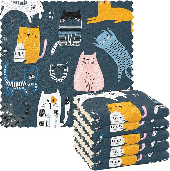 CaTaKu Cute Blue Cats Microfiber Reusable Cleaning Cloths Kitchen Dish Cloths Dish Rags for Washing Dishes, Dish Towels Washcloths for Kitchen Drying, 6 Pack