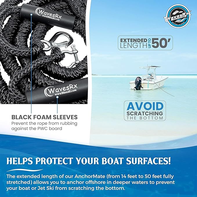 WAVESRX AnchorMate Bungee Line | Boat Bungee Dock Lines for Boats, PWCs & Kayaks | Absorbs Shock from Swells & Wind, Prevents Anchor Dislodging | Perfect for Anchoring, Mooring & Tethering