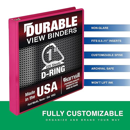 Samsill Durable 1 Inch Binder, Made in The USA, D Ring Binder, Customizable Clear View Cover, Magenta, Holds 225 Pages