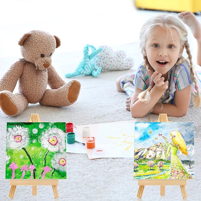 Mimorou 32 Pack 4 x 4 Inch Mini Canvases with Easel Sets for Painting Valentine's Day Craft Gifts Small Art Stretched Canvases Panels Pack with Wood Display Easel for Kids Classroom Crafts Easter