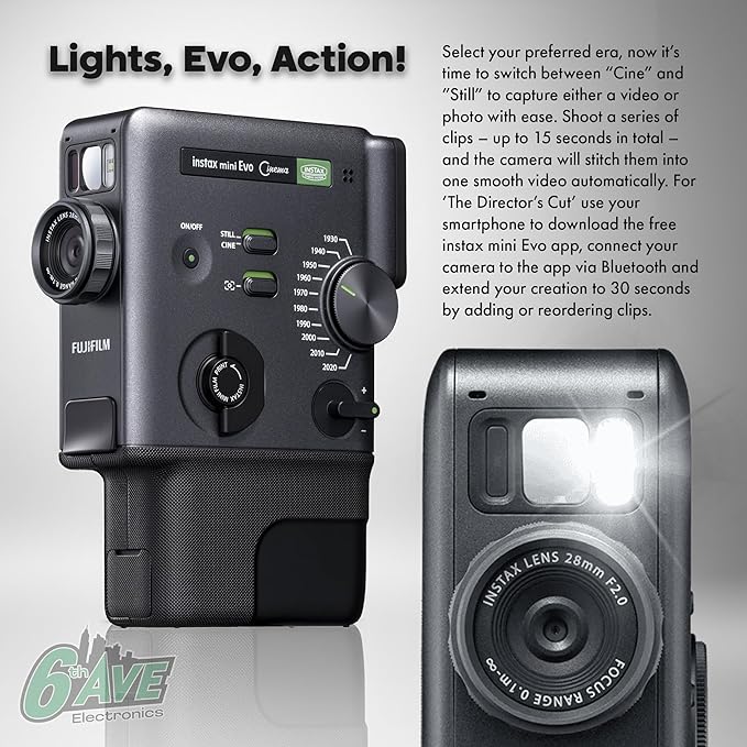 FUJIFILM instax mini Evo Cinema Hybrid Instant Camera Bundle, 3-in-1 Camera Printer with Bluetooth + Gen Dial for 10 Decade-Inspired Effects + Instax-Mini Twin Pack Instant-Film 60 Sheets + More