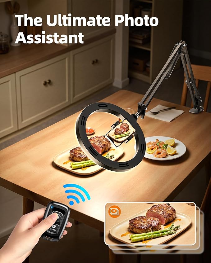Overhead Phone Mount with Ring Light Phone Holder,10" LED Ring Light for Desk with Stand and Remote for iPhone,Phone Tripod with Light for Video Recording TikTok Live Stream Cooking Kitchen Vlogging