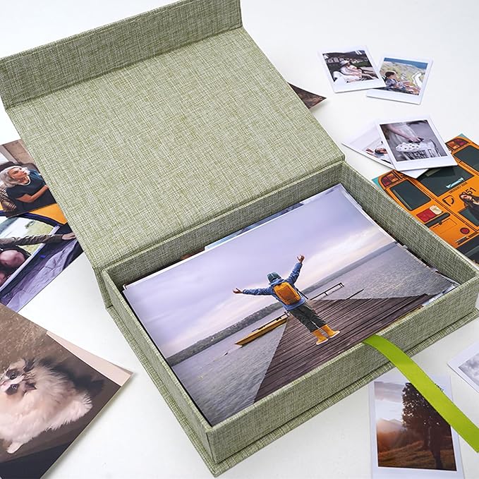 Cherrich 5x7 Photo Storage Box, Premium Linen Memory Box for Photos, Pictures, Certificates, Scrapbooking Supplies & Jewelry - Portable, Stackable Organizer for Home, Crafters & Collectors
