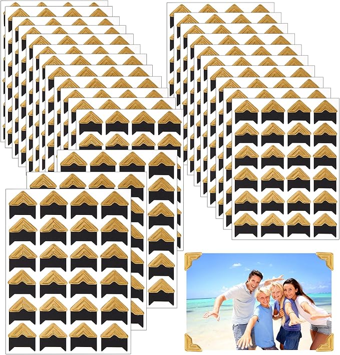 Dfqsofd 600Pcs Photo Corners Self Adhesive, Picture Corners for Scrapbooking Photo Mounting Stickers for DIY Scrapbook, Album, Memory Books, Picture Frames, Journal (Black Gold)
