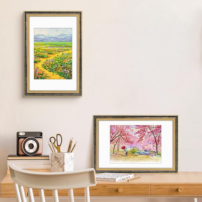 Golden State Art,11x17 Ornate Picture Frame for 9x12 Photo With Mat or 11 x 17 Prints Without Mat, Real Glass Wall Display Horizontally or Vertically (Color:Black Gold)