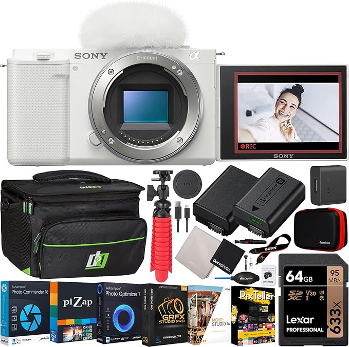 Sony ZV-E10 Mirrorless Alpha APS-C Interchangeable Lens Vlog Camera (Body, White) ILCZV-E10/W | Official Sony USA Partner Model | Bundle with Deco Gear Photography Case + Extra Battery + Software Kit