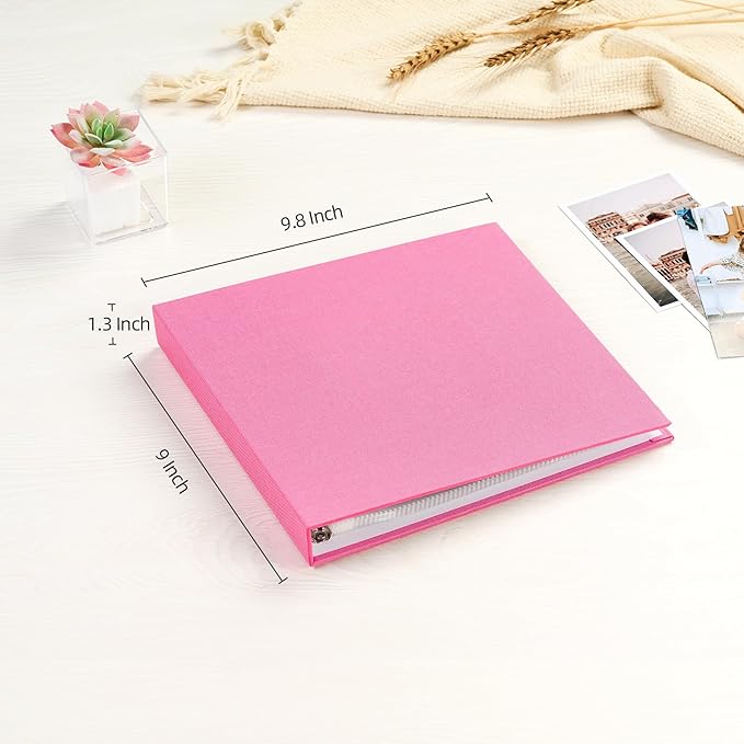 Mublalbum 8x8 Inch Small 3 Ring DIY Scrapbook Photo Album with 20 Plastic Sleeves 40 Pages Linen Cover Folder Binder for Baby Travel Wedding Anniversary and DIY Projects (Pink)