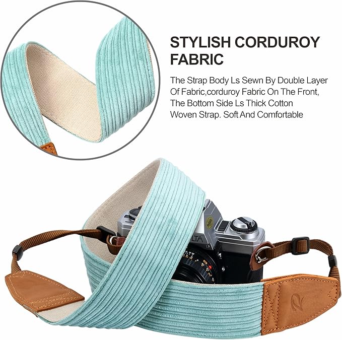 Padwa Lifestyle Corduroy Camera Strap - 2" Double Layer Full Grain Cowhide Leather Head Camera Straps for Photographers,Unique Soft Corduroy Fabric with Quick Release fits all Cameras - Fresh Green